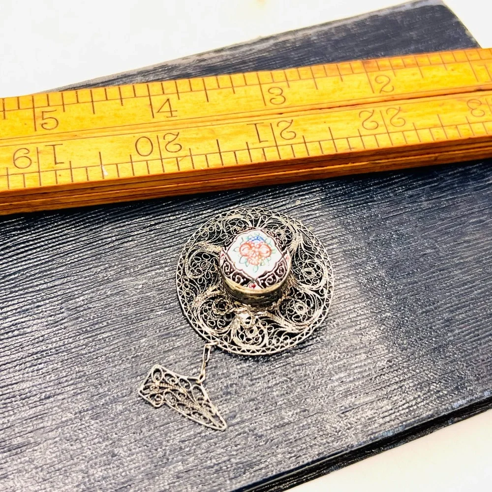 Vintage silver filigree brooch pin hat shoe dangle hand painted mid century